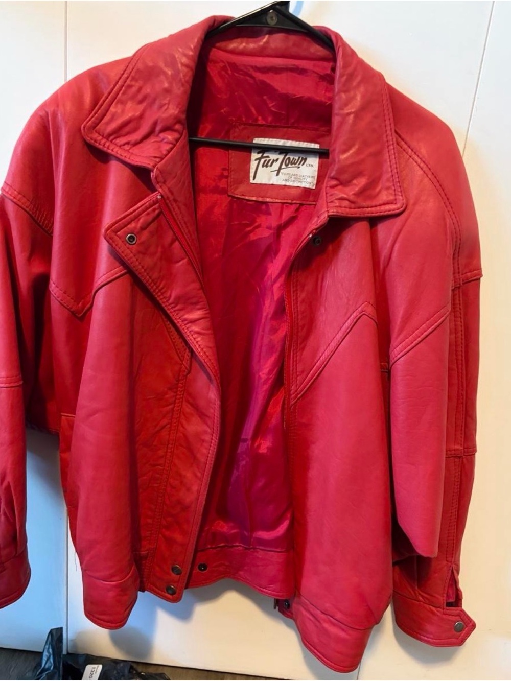 Red Leather Batwing Sleeve Bomber Jacket